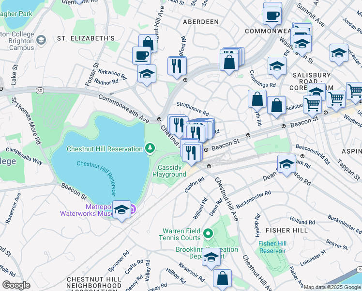 map of restaurants, bars, coffee shops, grocery stores, and more near 358 Chestnut Hill Avenue in Boston