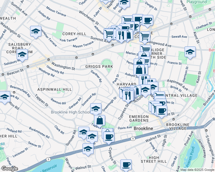 map of restaurants, bars, coffee shops, grocery stores, and more near 17 Hancock Road in Brookline