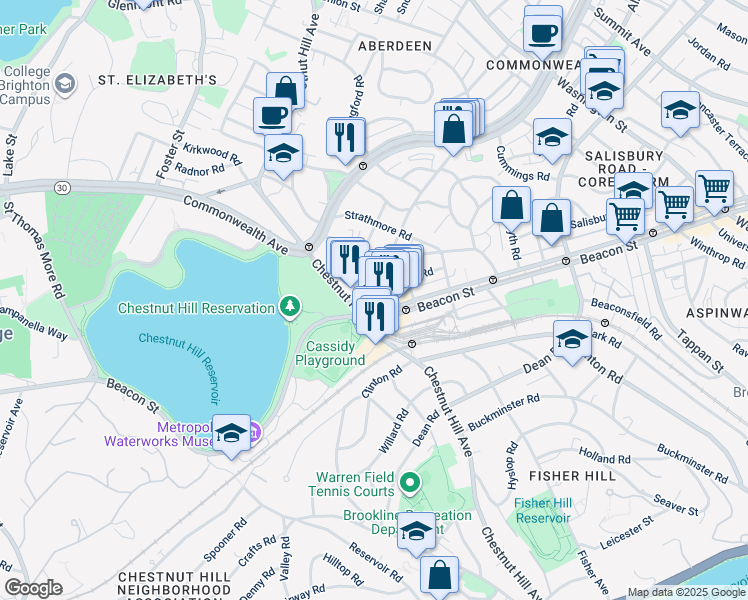 map of restaurants, bars, coffee shops, grocery stores, and more near 358 Chestnut Hill Avenue in Boston