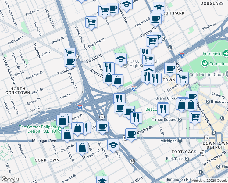 map of restaurants, bars, coffee shops, grocery stores, and more near 830 West Fisher Service Drive in Detroit