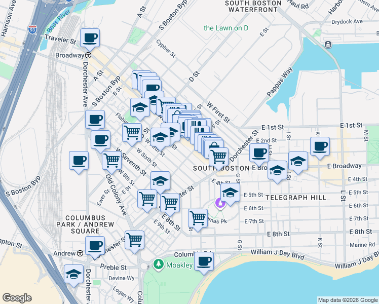map of restaurants, bars, coffee shops, grocery stores, and more near 124 F Street in Boston