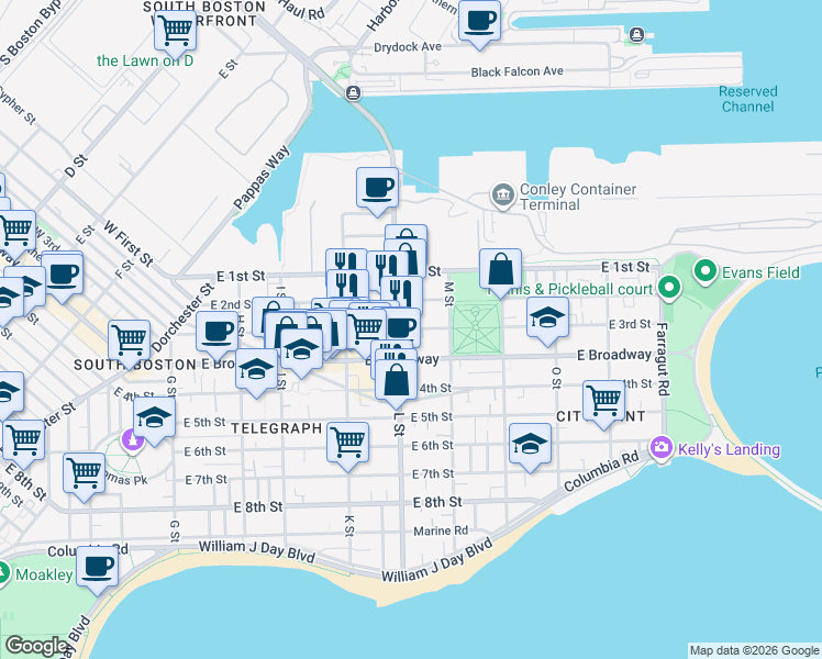 map of restaurants, bars, coffee shops, grocery stores, and more near in Boston