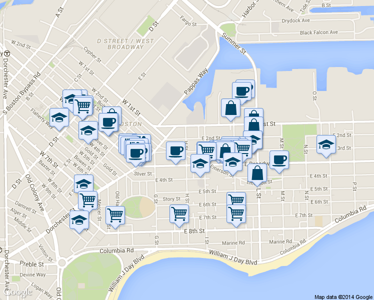 map of restaurants, bars, coffee shops, grocery stores, and more near 60 H Street in Boston