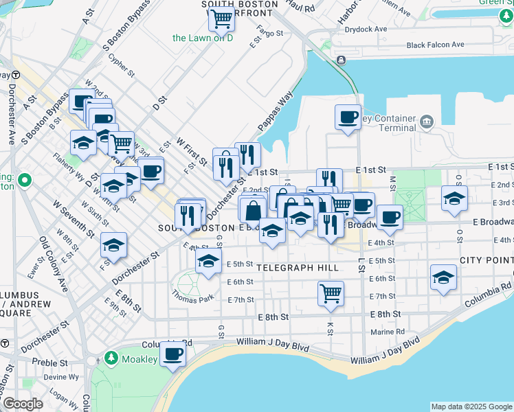 map of restaurants, bars, coffee shops, grocery stores, and more near 60 H Street in Boston