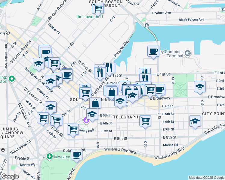 map of restaurants, bars, coffee shops, grocery stores, and more near 60 H Street in Boston
