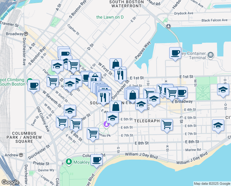 map of restaurants, bars, coffee shops, grocery stores, and more near 9 G Street in Boston