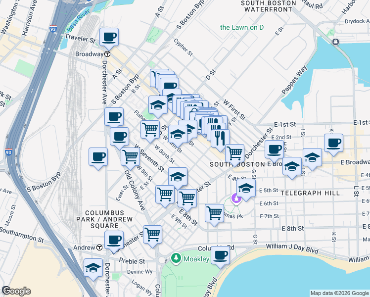 map of restaurants, bars, coffee shops, grocery stores, and more near 223 West Fifth Street in Boston