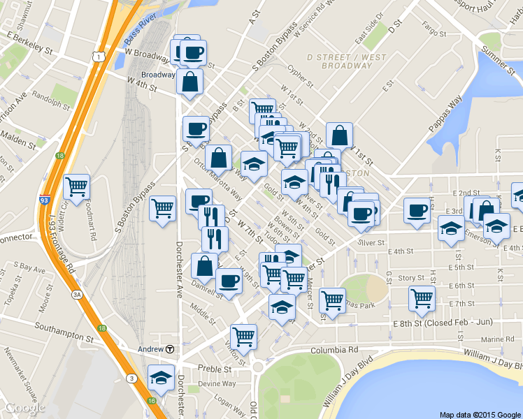 map of restaurants, bars, coffee shops, grocery stores, and more near in Boston