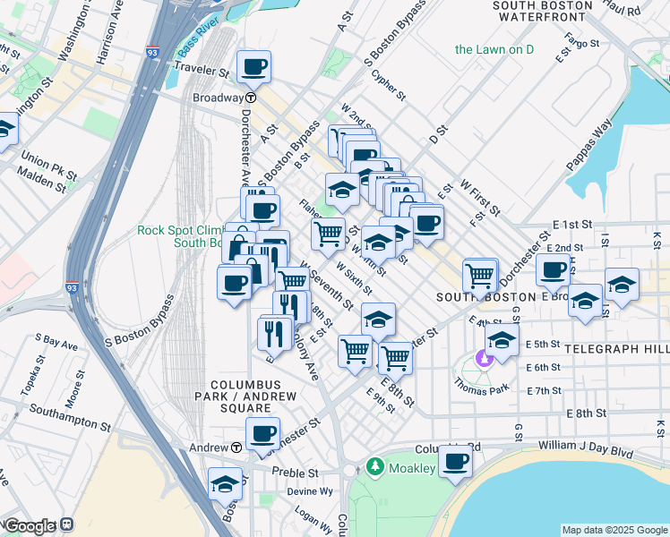 map of restaurants, bars, coffee shops, grocery stores, and more near 114 West Seventh Street in Boston