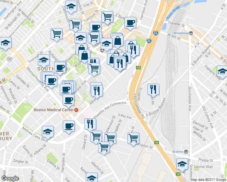 map of restaurants, bars, coffee shops, grocery stores, and more near 610 East Newton Street in Boston