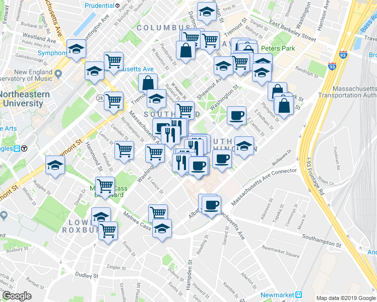 map of restaurants, bars, coffee shops, grocery stores, and more near 33 Worcester Square in Boston