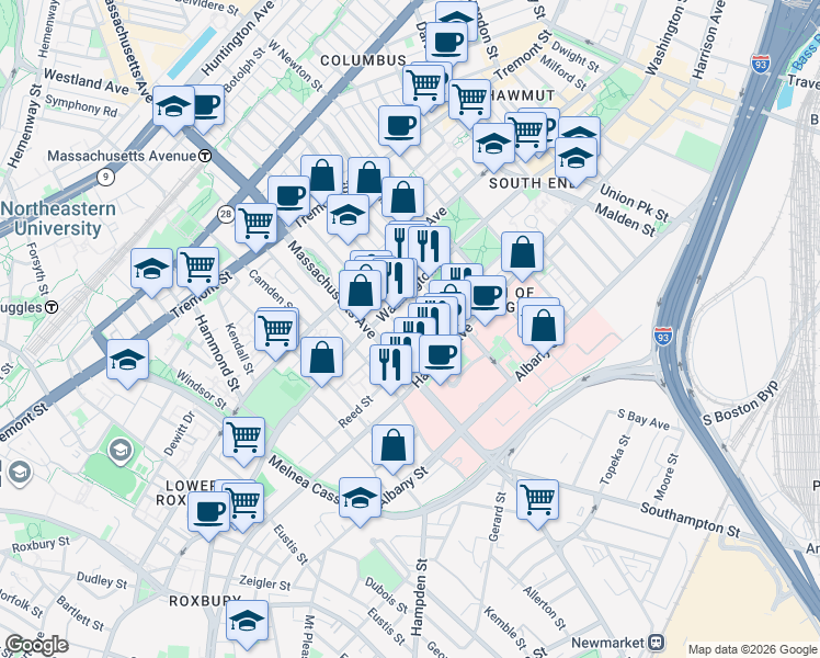map of restaurants, bars, coffee shops, grocery stores, and more near 668 Massachusetts Avenue in Boston