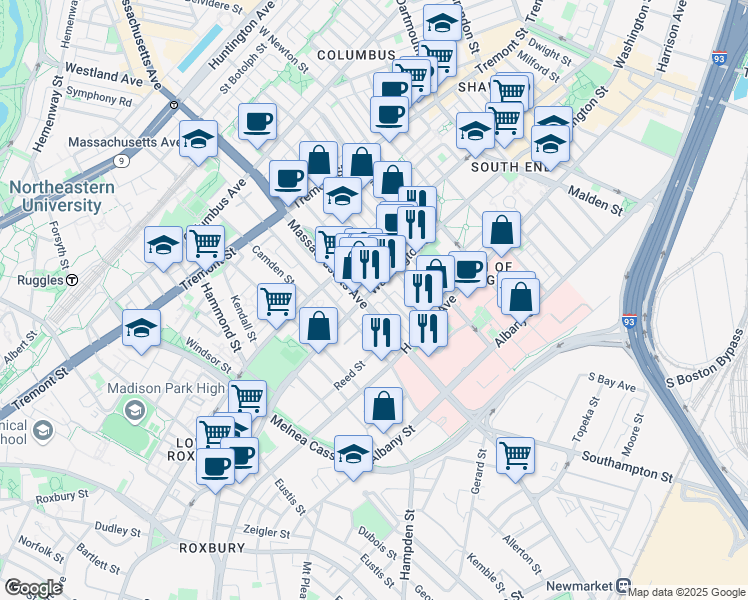 map of restaurants, bars, coffee shops, grocery stores, and more near 668 Massachusetts Avenue in Boston