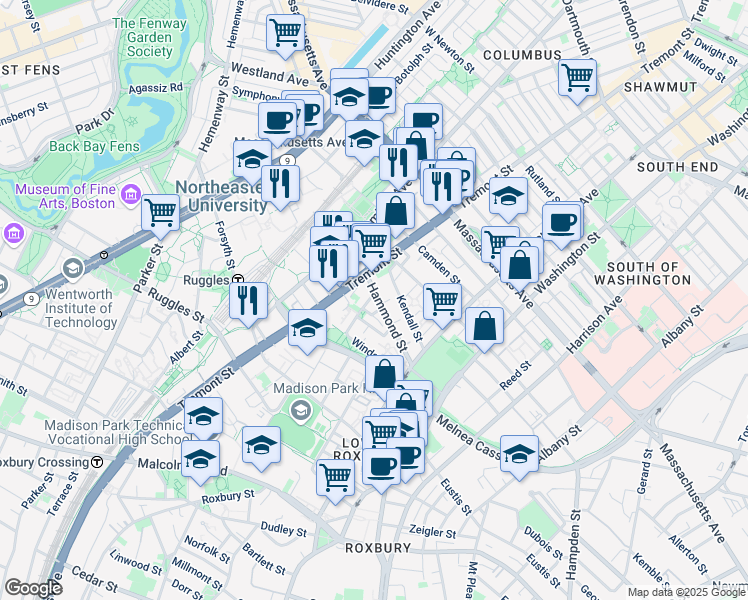 map of restaurants, bars, coffee shops, grocery stores, and more near 10 Sussex Street in Boston