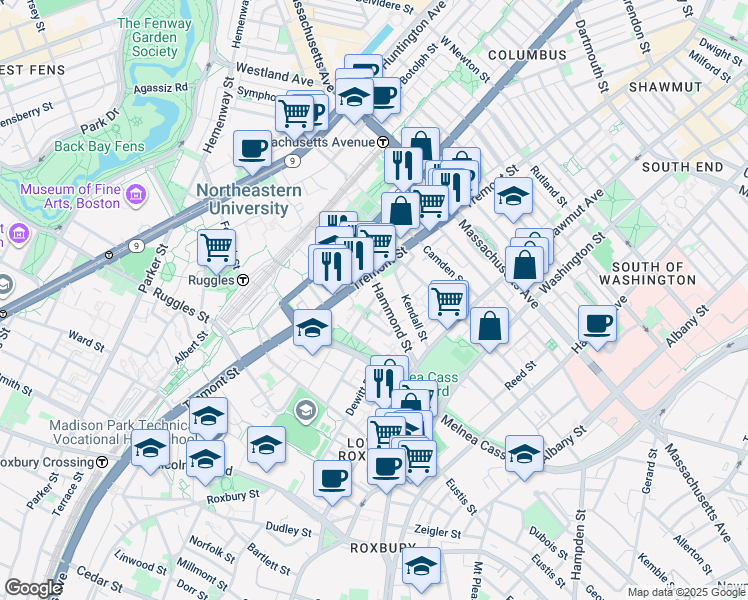 map of restaurants, bars, coffee shops, grocery stores, and more near 10 Sussex Street in Boston