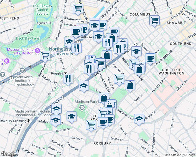 map of restaurants, bars, coffee shops, grocery stores, and more near 10 Sussex Street in Boston
