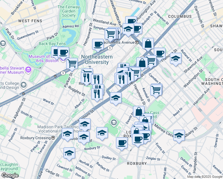 map of restaurants, bars, coffee shops, grocery stores, and more near 1065 Tremont Street in Boston
