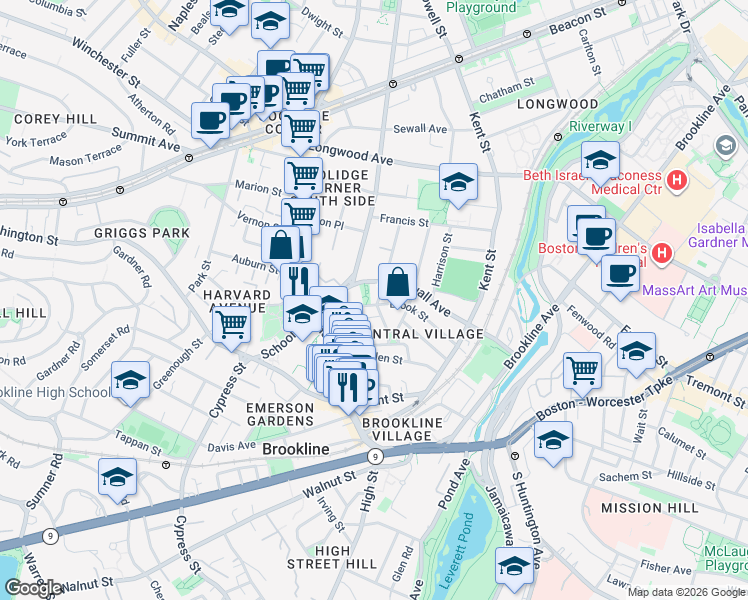 map of restaurants, bars, coffee shops, grocery stores, and more near 13 Tabor Place in Brookline