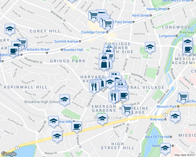 map of restaurants, bars, coffee shops, grocery stores, and more near 32 Harvard Avenue in Brookline