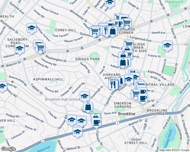 map of restaurants, bars, coffee shops, grocery stores, and more near 17 Hancock Road in Brookline