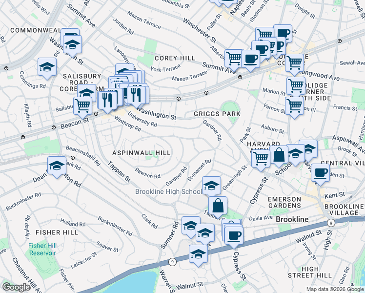 map of restaurants, bars, coffee shops, grocery stores, and more near 36 Colbourne Crescent in Brookline