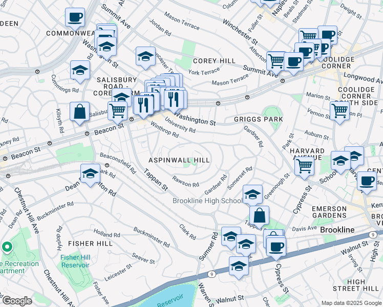 map of restaurants, bars, coffee shops, grocery stores, and more near 99 Addington Road in Brookline