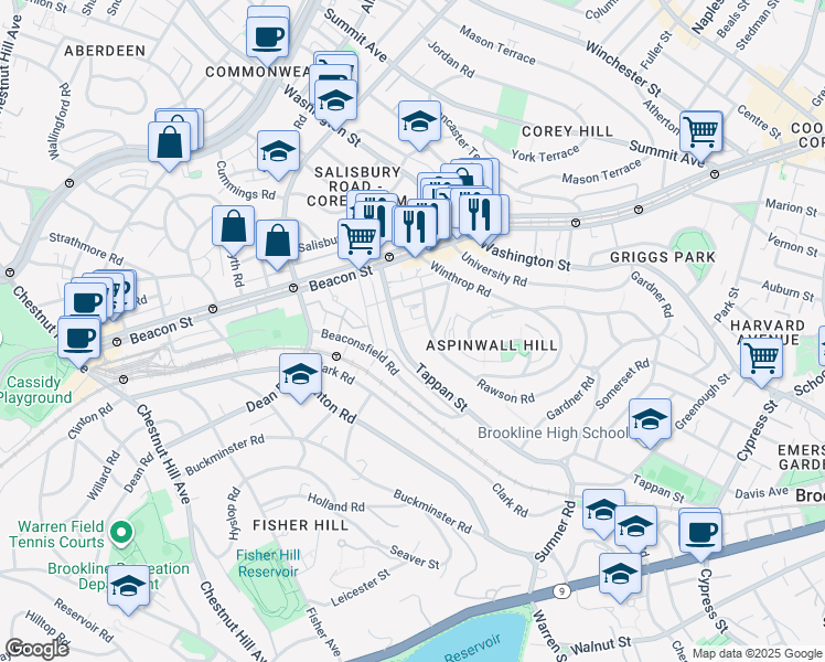 map of restaurants, bars, coffee shops, grocery stores, and more near 299 Tappan Street in Brookline