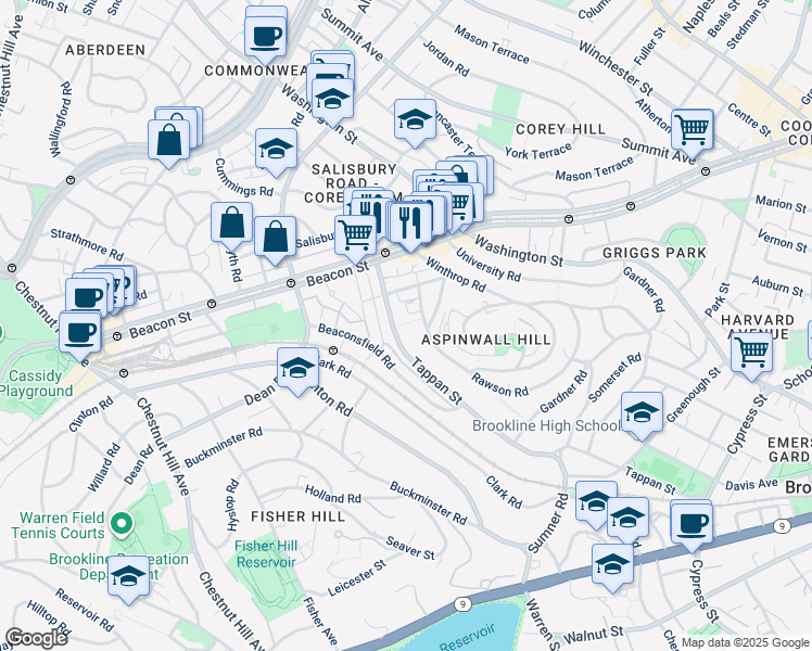 map of restaurants, bars, coffee shops, grocery stores, and more near 299 Tappan Street in Brookline