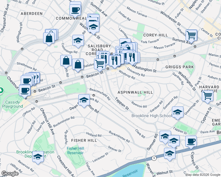 map of restaurants, bars, coffee shops, grocery stores, and more near 299 Tappan Street in Brookline