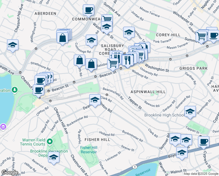 map of restaurants, bars, coffee shops, grocery stores, and more near 128 Beaconsfield Road in Brookline