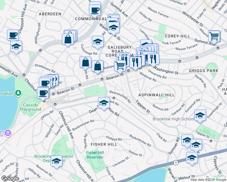 map of restaurants, bars, coffee shops, grocery stores, and more near in Brookline