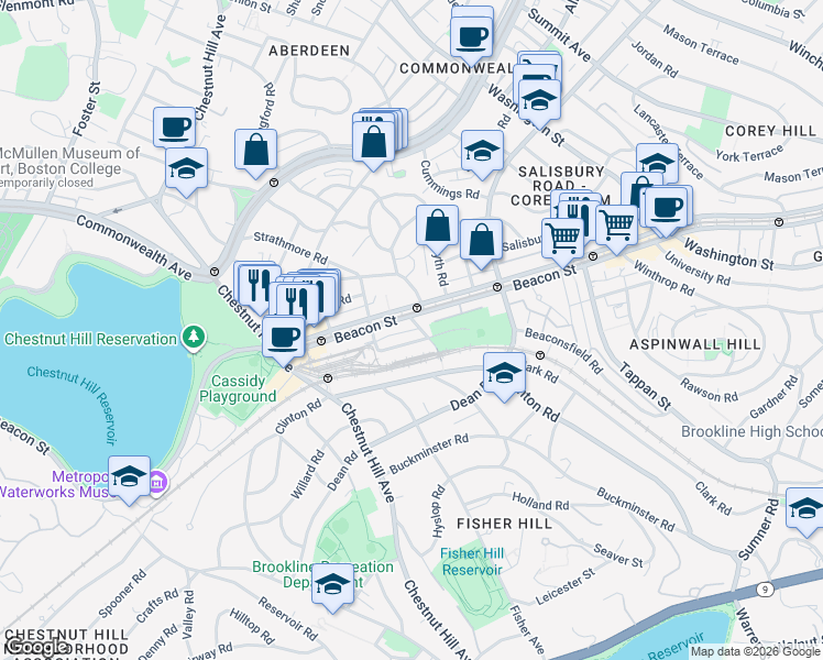 map of restaurants, bars, coffee shops, grocery stores, and more near in Brookline