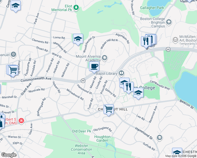 map of restaurants, bars, coffee shops, grocery stores, and more near 36 Crosby Road in Newton