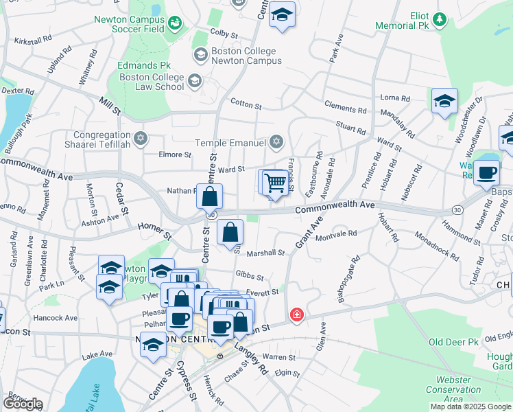 map of restaurants, bars, coffee shops, grocery stores, and more near 562 Commonwealth Avenue in Newton
