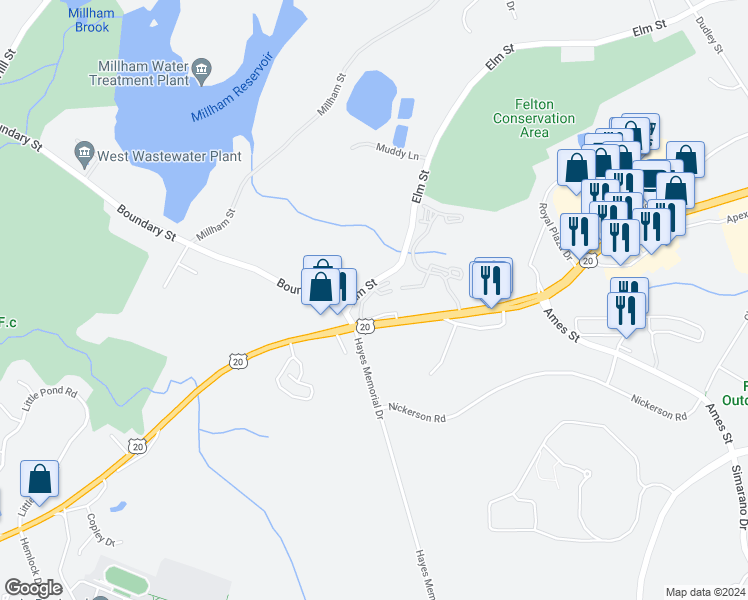 map of restaurants, bars, coffee shops, grocery stores, and more near 497 Northboro Road West in Marlborough
