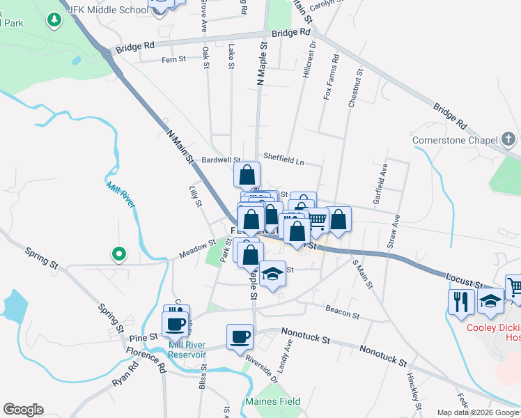 map of restaurants, bars, coffee shops, grocery stores, and more near 12 North Maple Street in Northampton