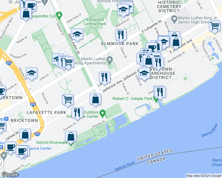 map of restaurants, bars, coffee shops, grocery stores, and more near 2010 East Jefferson in Detroit