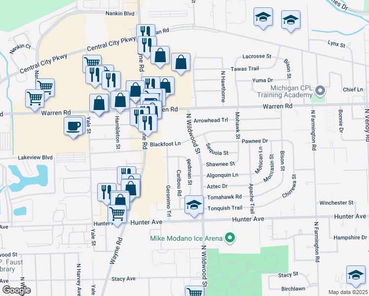 map of restaurants, bars, coffee shops, grocery stores, and more near 6864 Redman Street in Westland