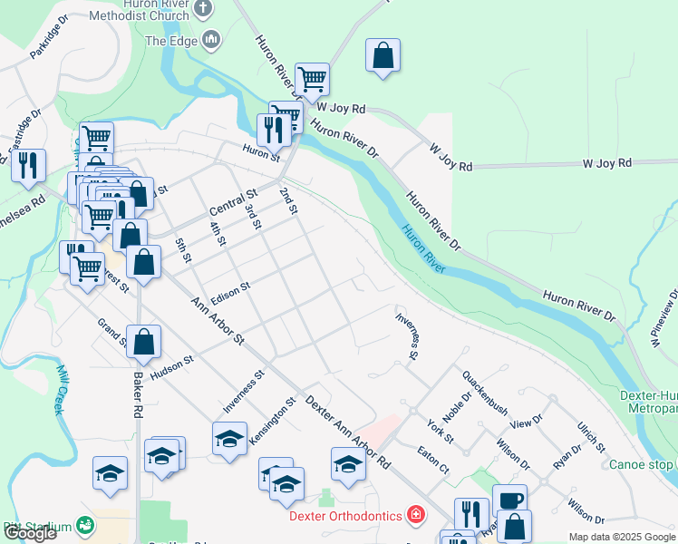 map of restaurants, bars, coffee shops, grocery stores, and more near 7707 2nd Street in Dexter