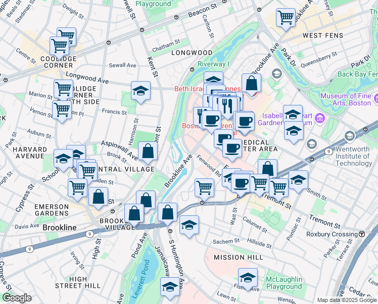 map of restaurants, bars, coffee shops, grocery stores, and more near Riverway in Boston