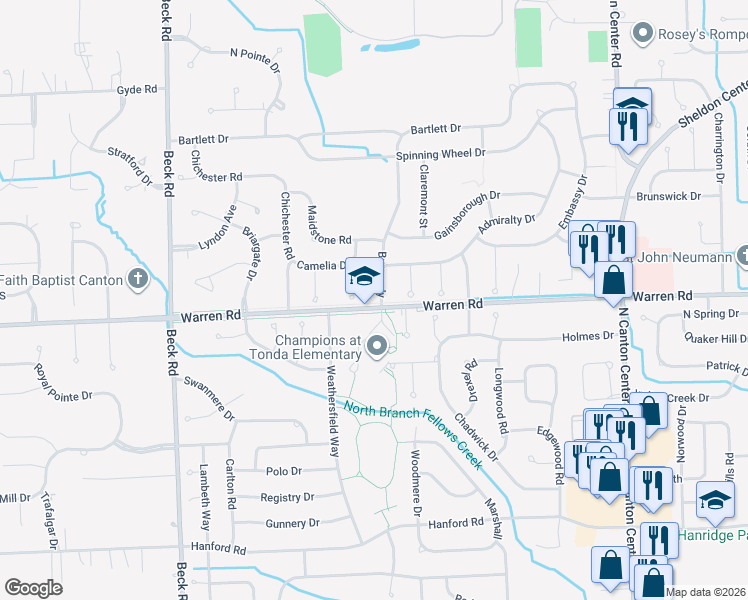 map of restaurants, bars, coffee shops, grocery stores, and more near 7229 Burgundy in Canton