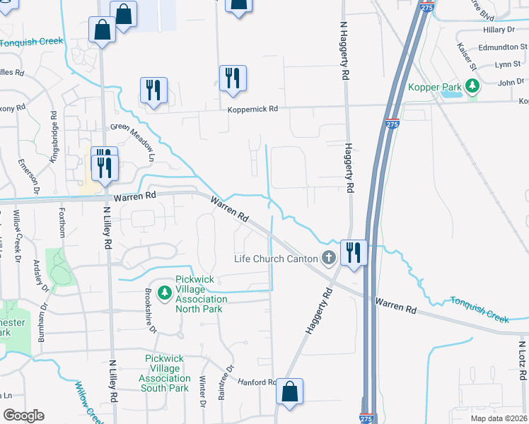 map of restaurants, bars, coffee shops, grocery stores, and more near 41430 Warren Road in Canton
