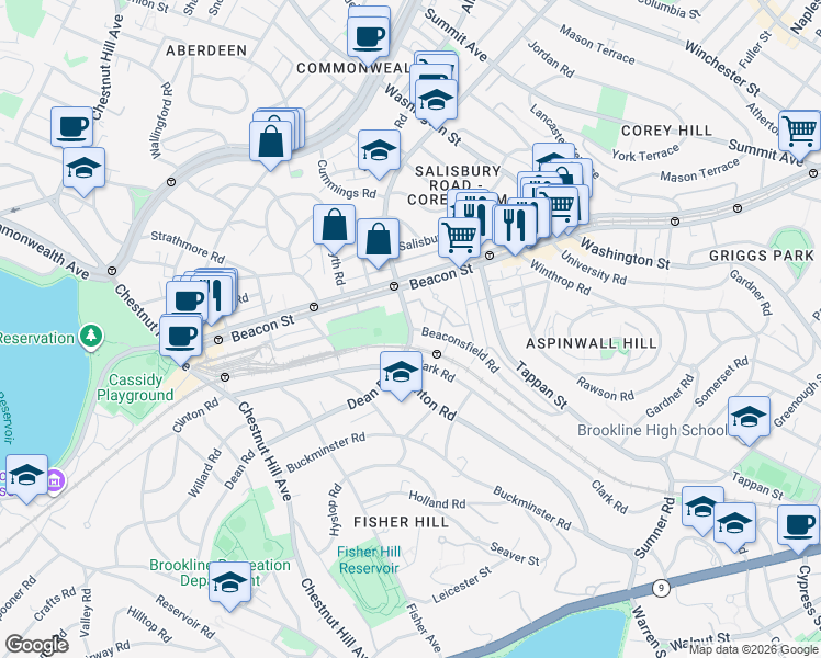 map of restaurants, bars, coffee shops, grocery stores, and more near 61 Dean Road in Brookline