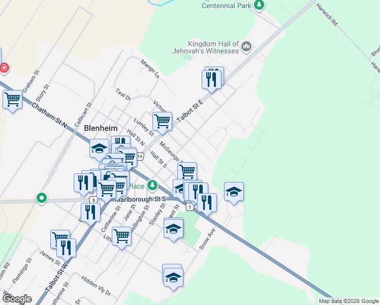 map of restaurants, bars, coffee shops, grocery stores, and more near 77 Elizabeth Street in Chatham