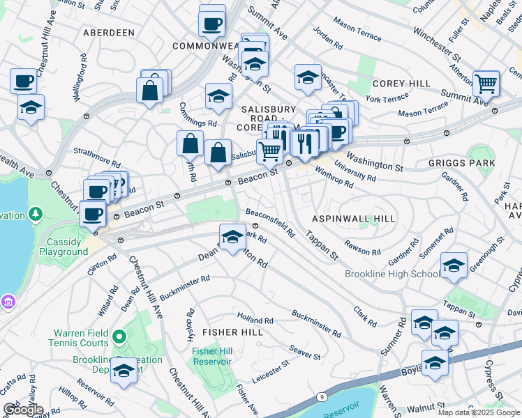 map of restaurants, bars, coffee shops, grocery stores, and more near 133 Beaconsfield Road in Brookline