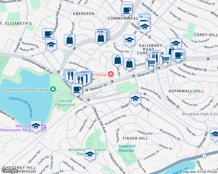 map of restaurants, bars, coffee shops, grocery stores, and more near 1855 Beacon Street in Brookline