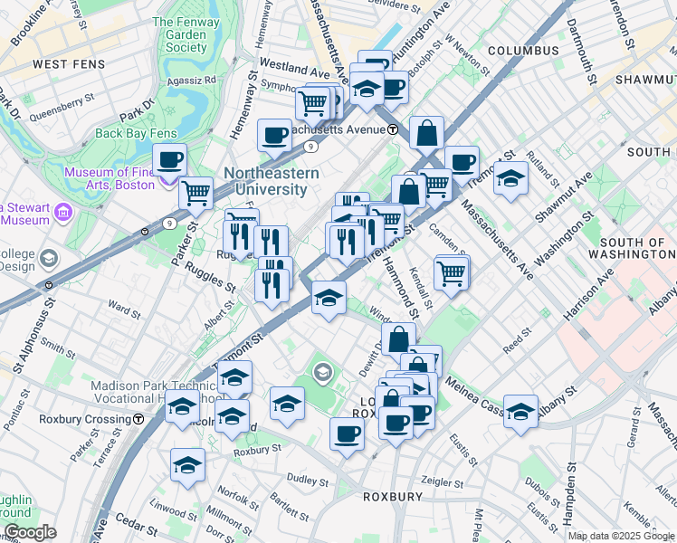 map of restaurants, bars, coffee shops, grocery stores, and more near 1065 Tremont Street in Boston