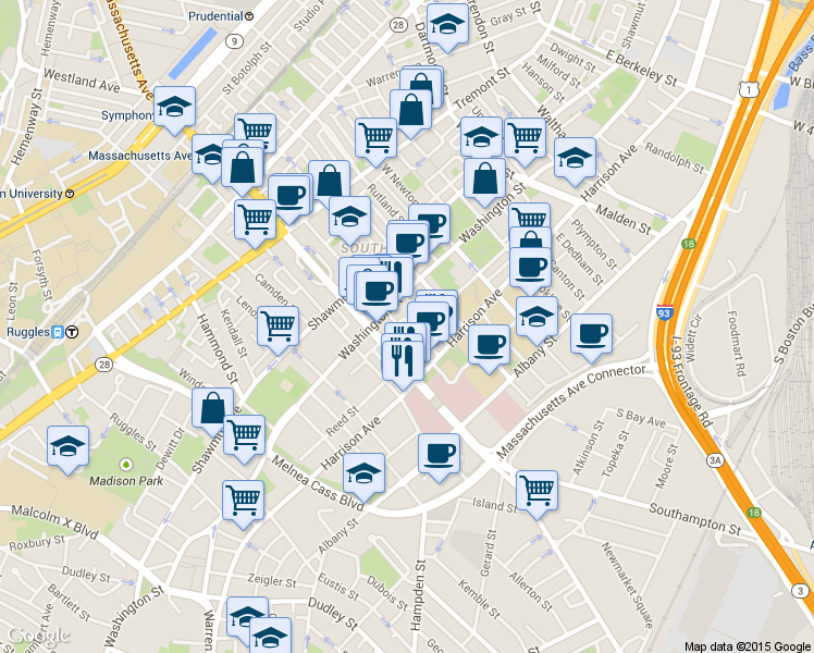 map of restaurants, bars, coffee shops, grocery stores, and more near 668 Massachusetts Avenue in Boston