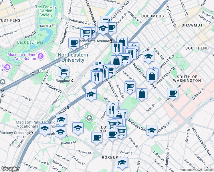 map of restaurants, bars, coffee shops, grocery stores, and more near 10 Sussex Street in Boston