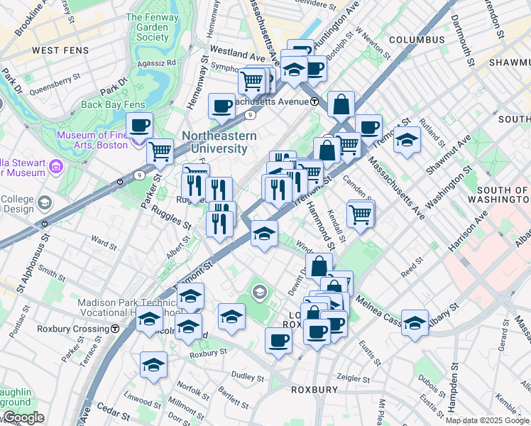 map of restaurants, bars, coffee shops, grocery stores, and more near 34 Cunard Street in Boston